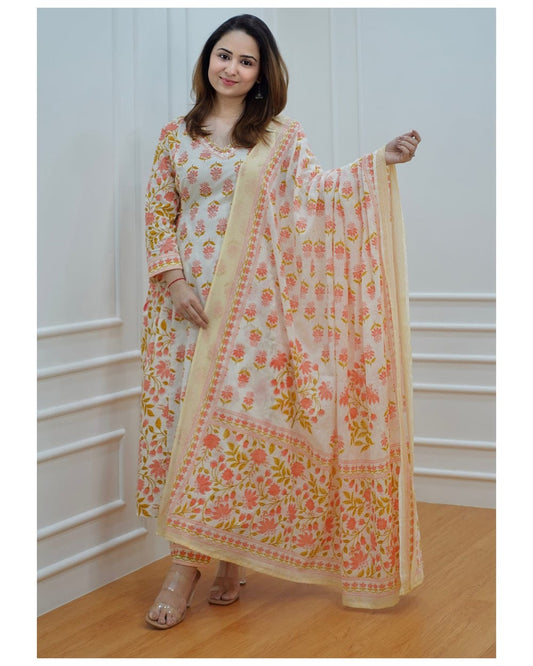 White & Orange Floral Afgani SUIT SET