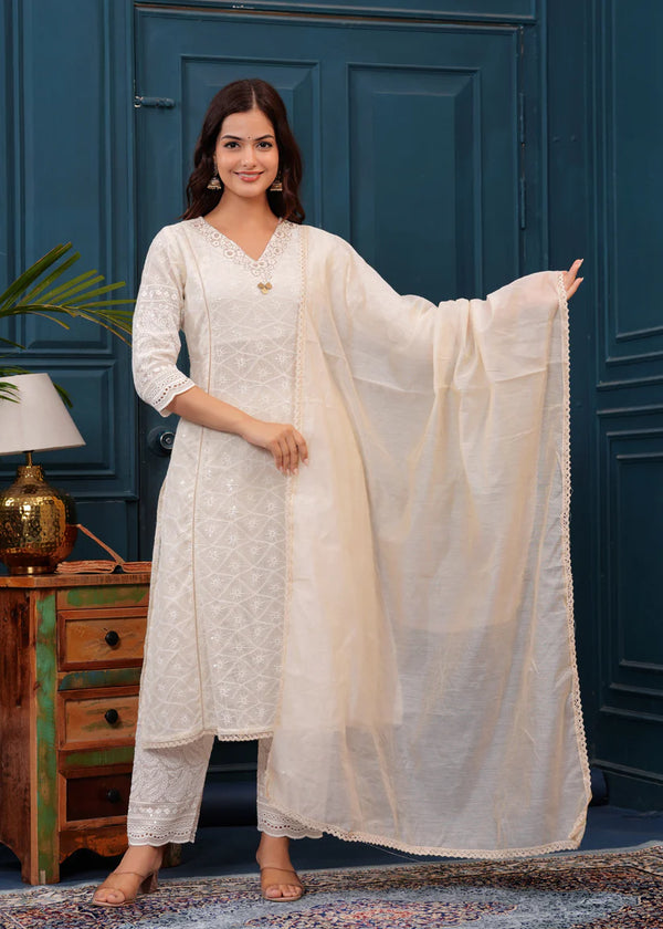 Off White Chikankari Kurta and Pant Set with Chanderi Dupatta