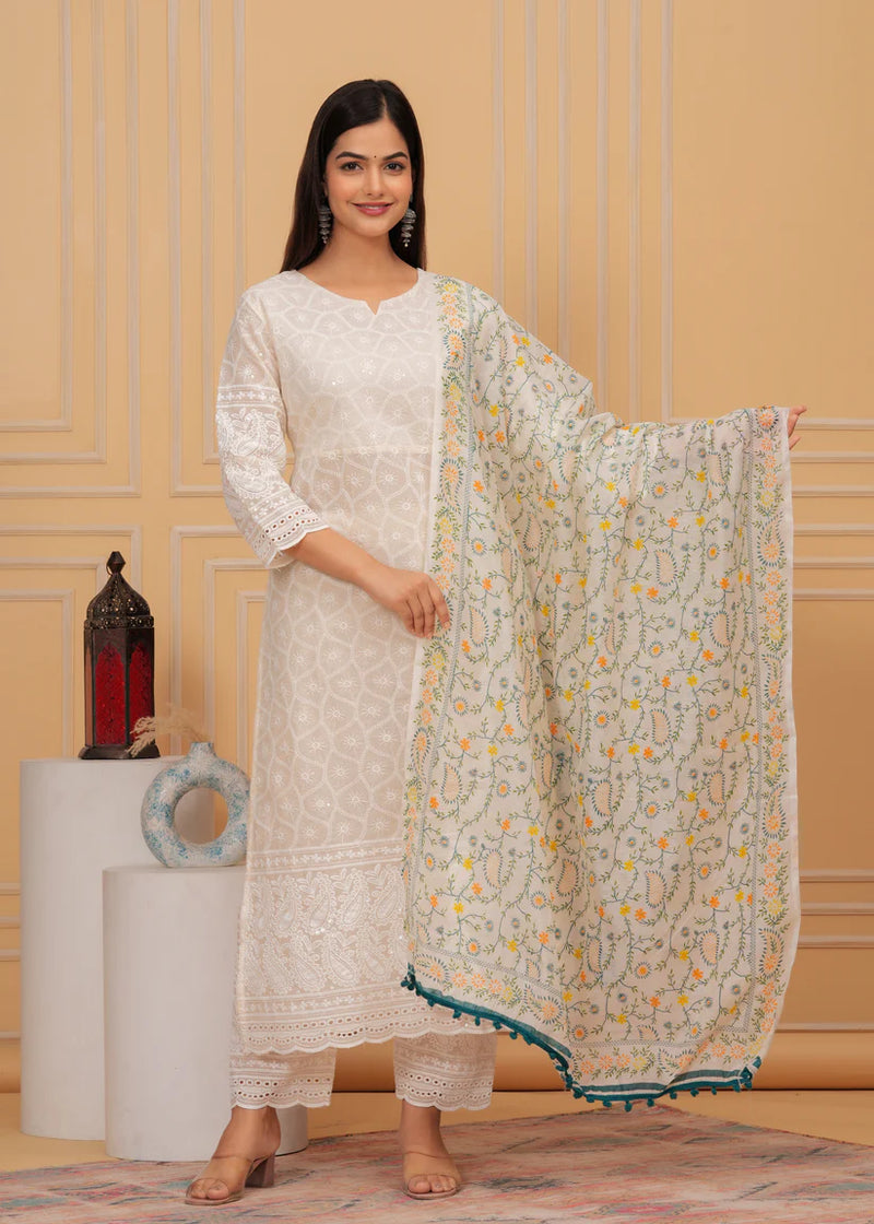 Chikankari Off White Suit Set With Printed Chanderi Dupatta