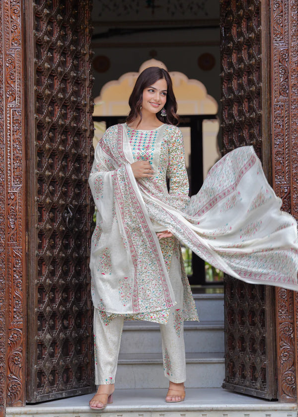 Beige Printed Rayon Kurta and Pant Set with Dupatta