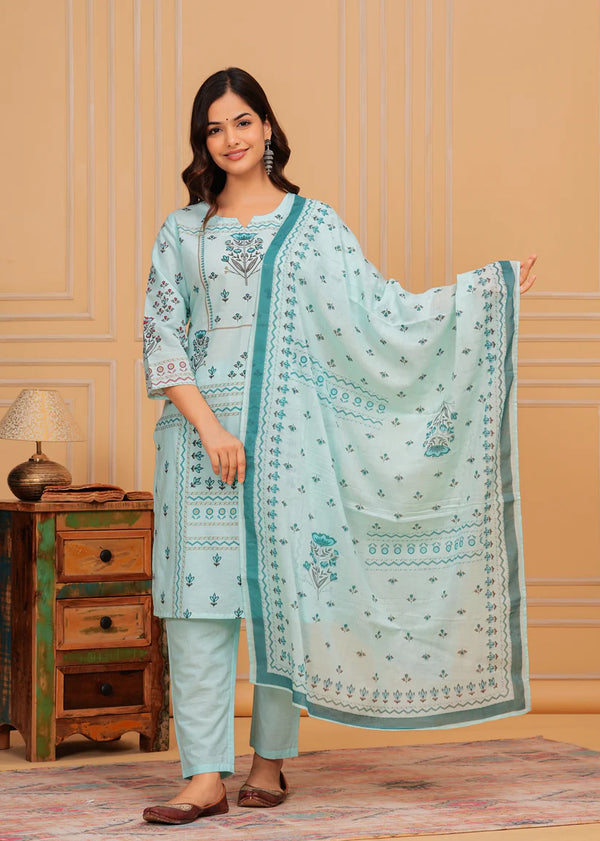 Pale Aqua Printed Cotton Kurta and Pant Set with Mulmul Dupatta