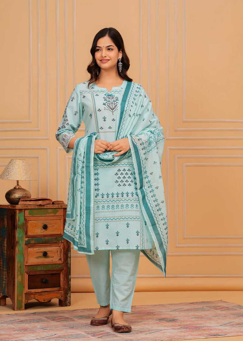 Pale Aqua Printed Cotton Kurta and Pant Set with Mulmul Dupatta