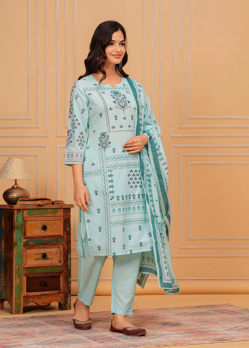 Pale Aqua Printed Cotton Kurta and Pant Set with Mulmul Dupatta