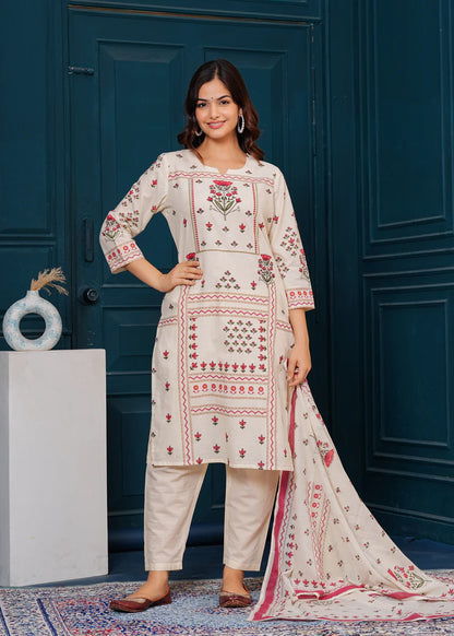 Beige Printed Cotton Kurta and Pant Set with Mulmul Dupatta