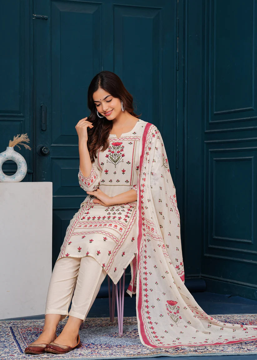 Beige Printed Cotton Kurta and Pant Set with Mulmul Dupatta