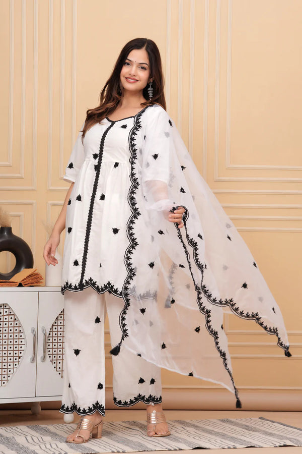 White Embroidered Cotton Suit Set with Embroidered Organza Dupatta