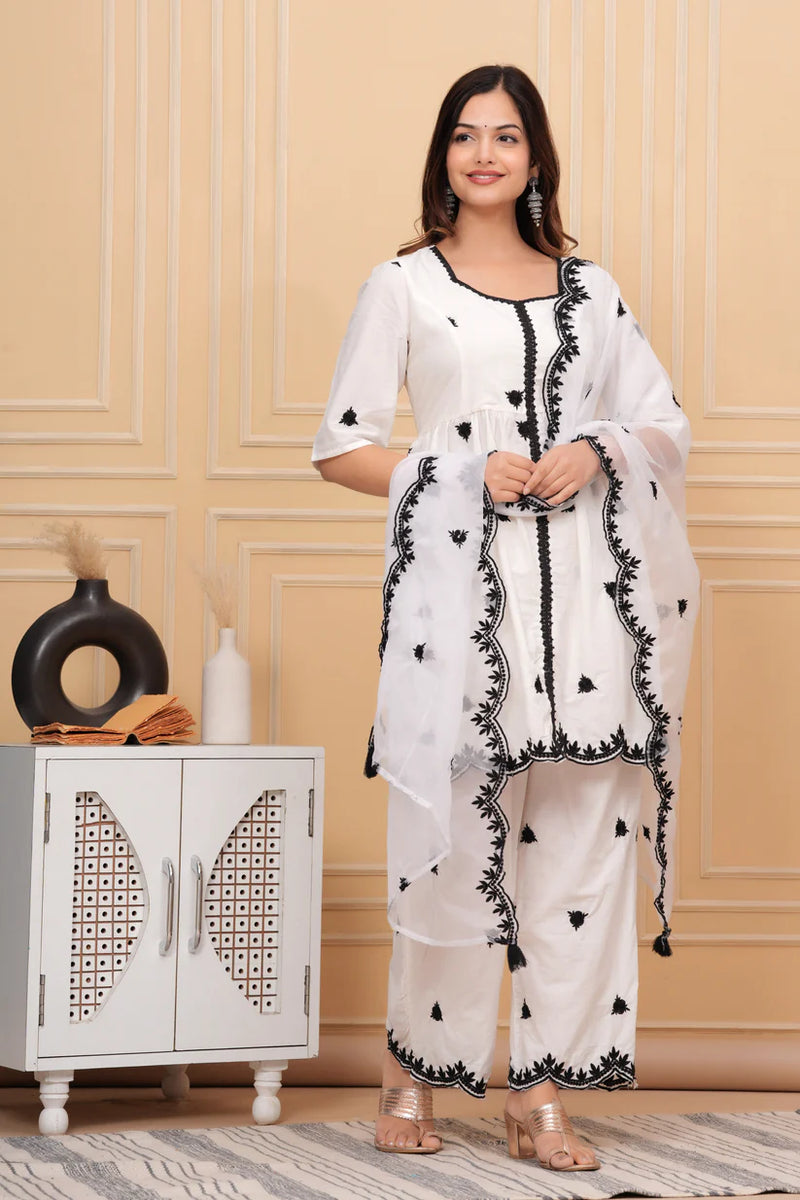 White Embroidered Cotton Suit Set with Embroidered Organza Dupatta