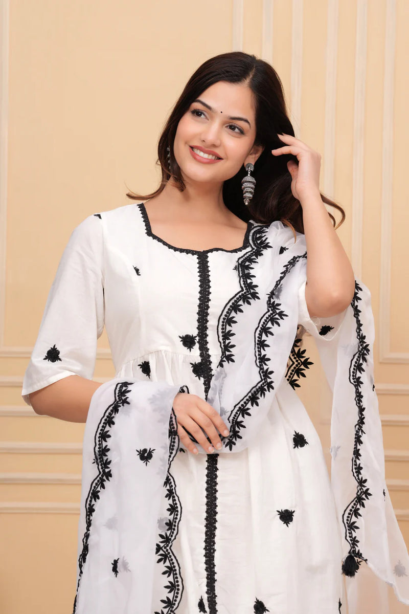 White Embroidered Cotton Suit Set with Embroidered Organza Dupatta