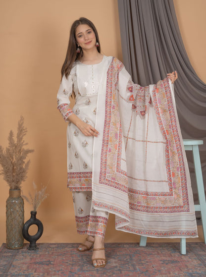 Beautiful Traditional Printed White Suit with Dupatta