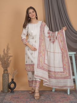 Beautiful Traditional Printed White Suit with Dupatta