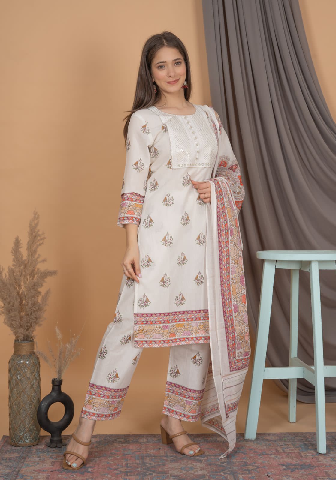 Beautiful Traditional Printed White Suit with Dupatta