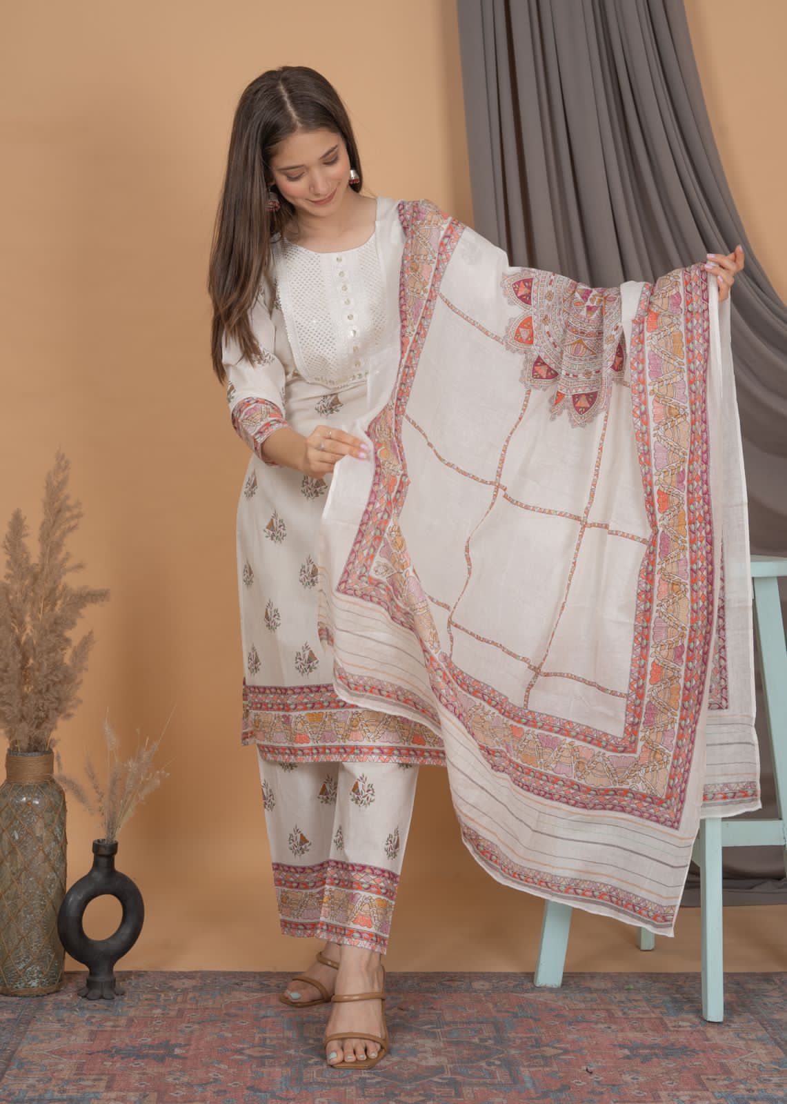 Beautiful Traditional Printed White Suit with Dupatta