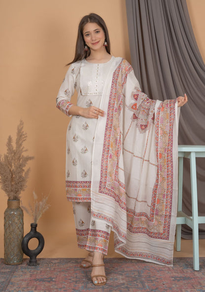 Beautiful Traditional Printed White Suit with Dupatta