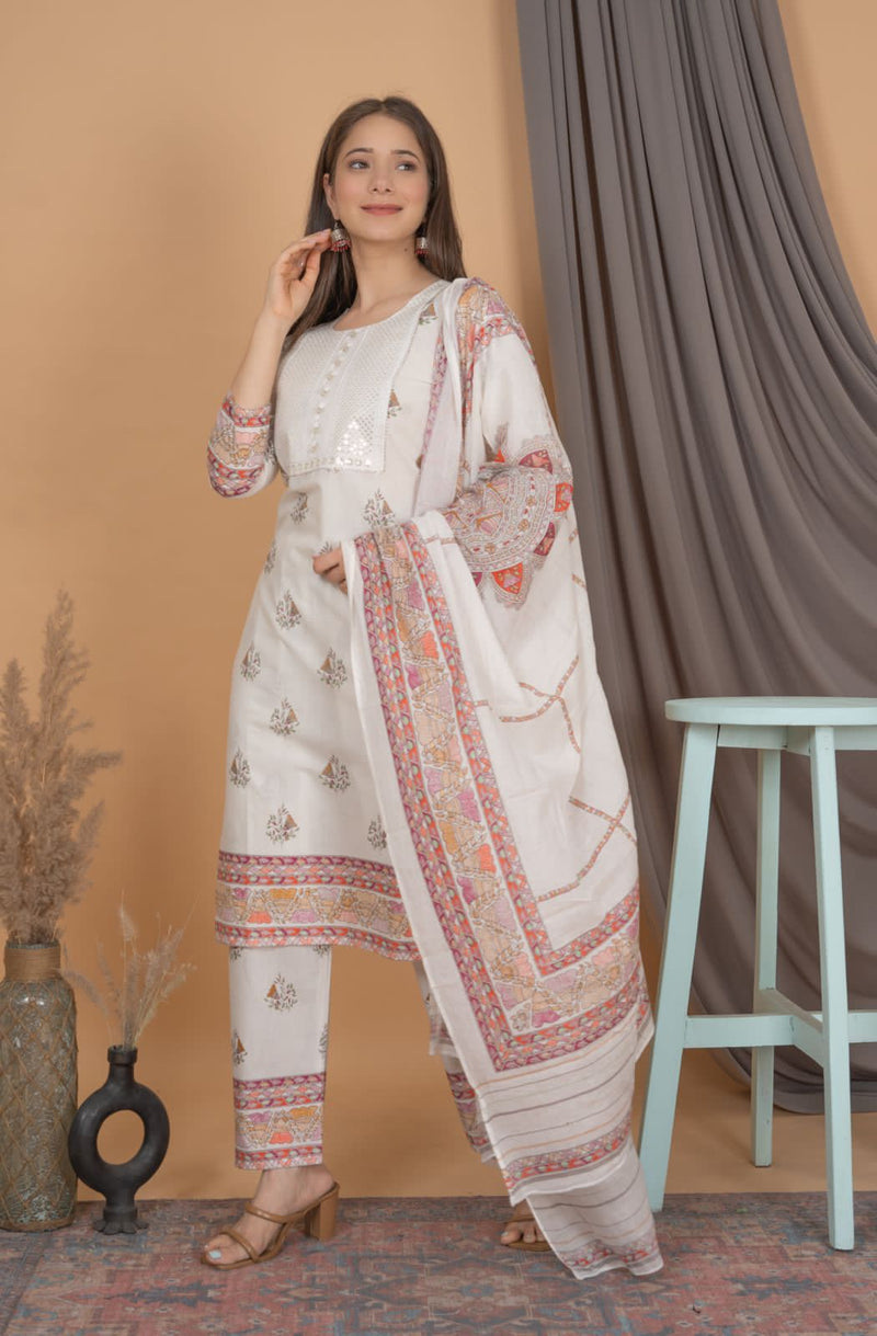 Beautiful Traditional Printed White Suit with Dupatta