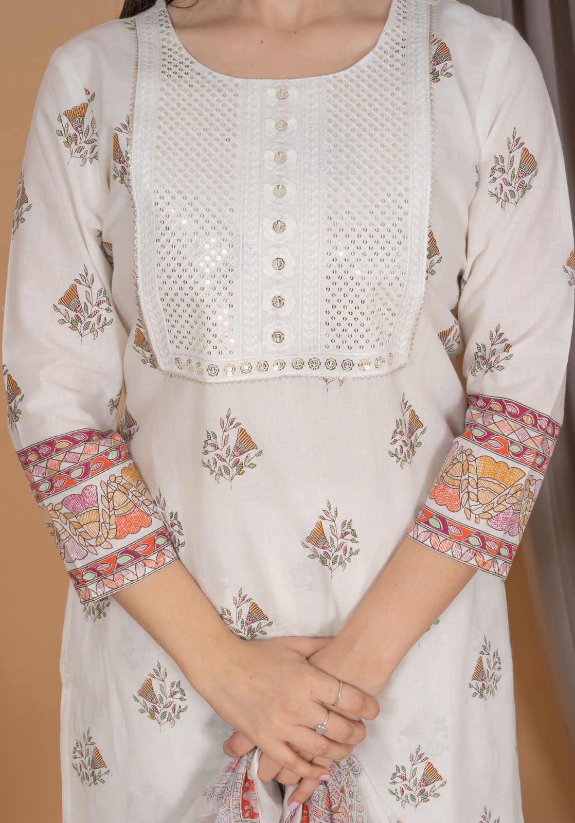 Beautiful Traditional Printed White Suit with Dupatta