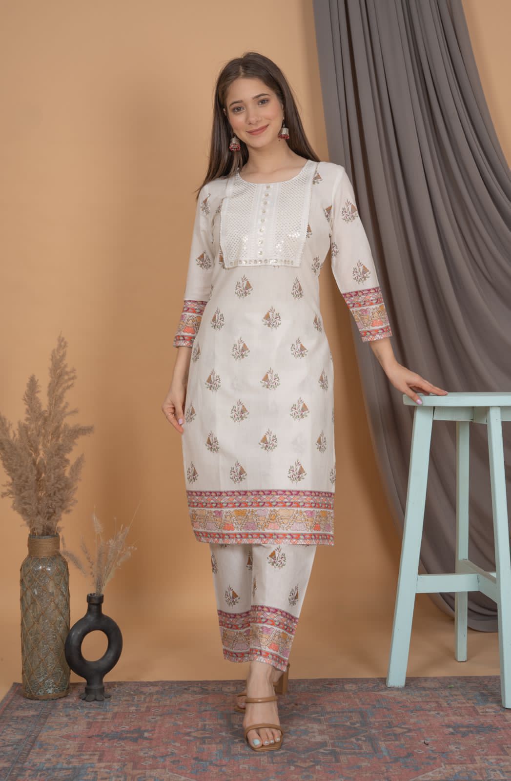 Beautiful Traditional Printed White Suit with Dupatta