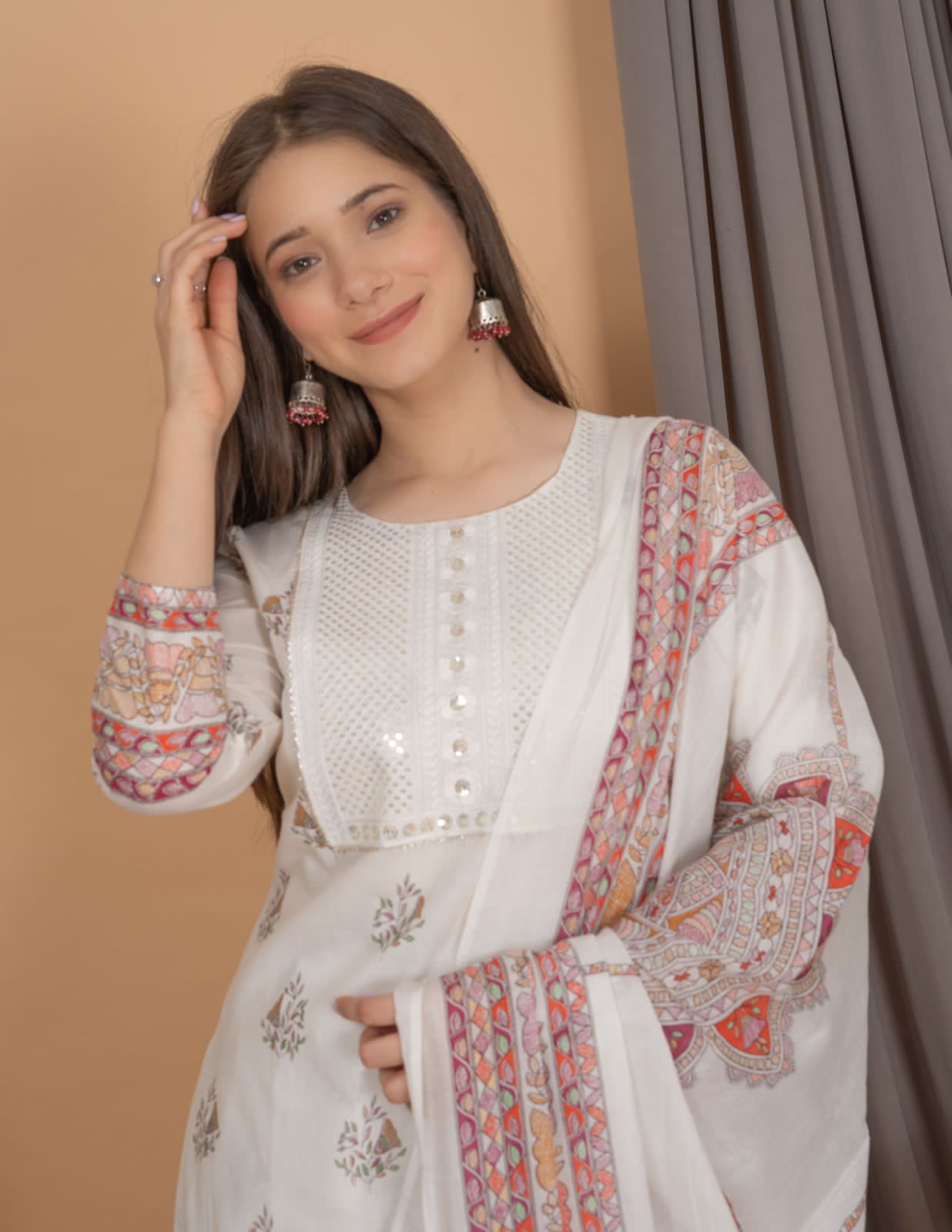 Beautiful Traditional Printed White Suit with Dupatta