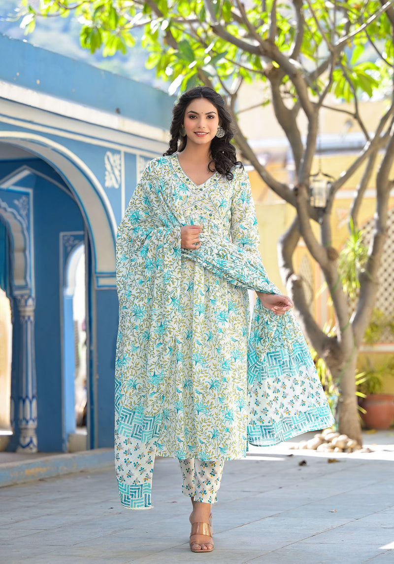 Designer Printed Aliya Cut Kurti Pant With Dupatta