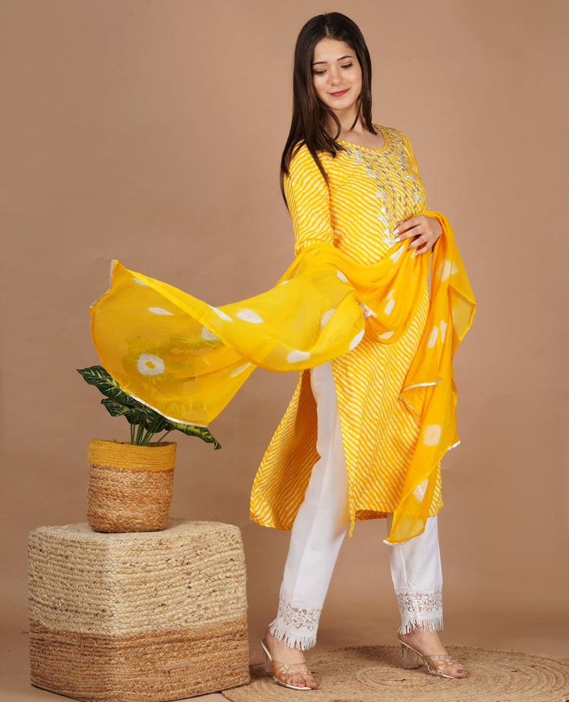 YELLOW HAND WORK LAHERIYA SUIT WITH DUPATTA