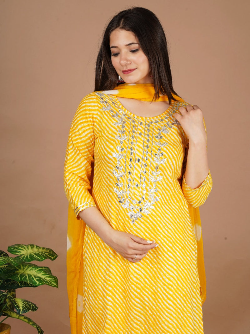 YELLOW HAND WORK LAHERIYA SUIT WITH DUPATTA