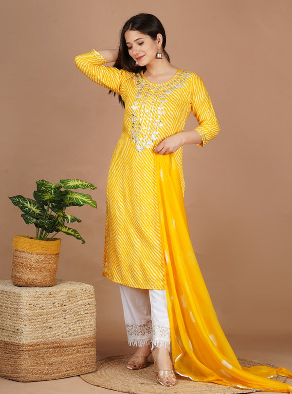 YELLOW HAND WORK LAHERIYA SUIT WITH DUPATTA