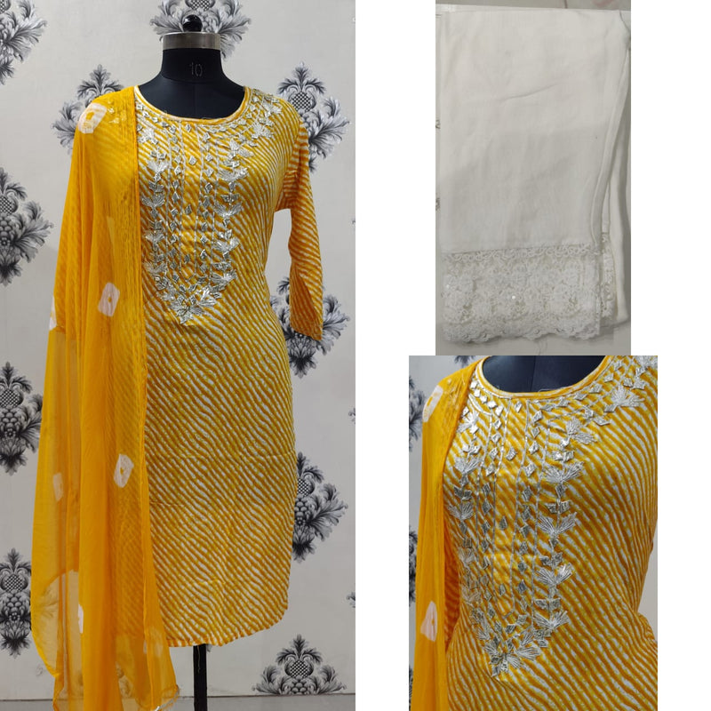 YELLOW HAND WORK LAHERIYA SUIT WITH DUPATTA