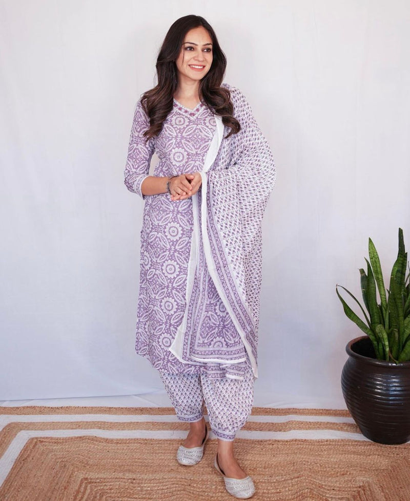 STYLISH HAND BLOCK COTTON SUIT WITH DUPATTA