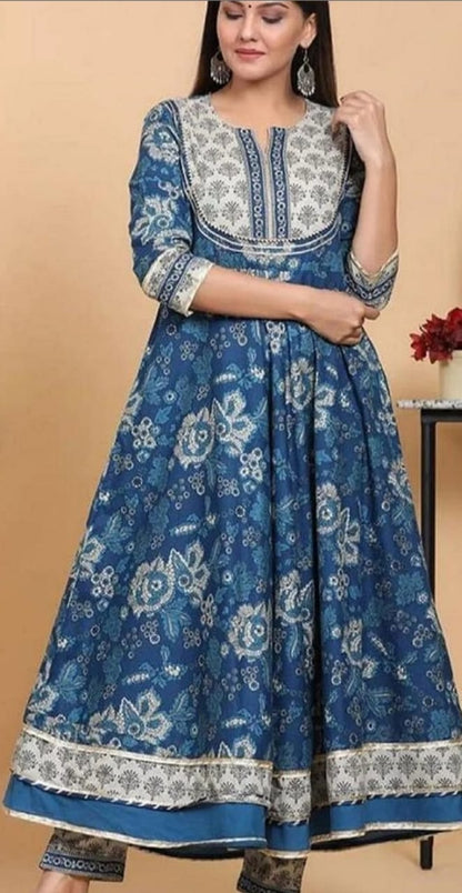 BLUE PRINTED UMBRELLA CUT KURTI SET