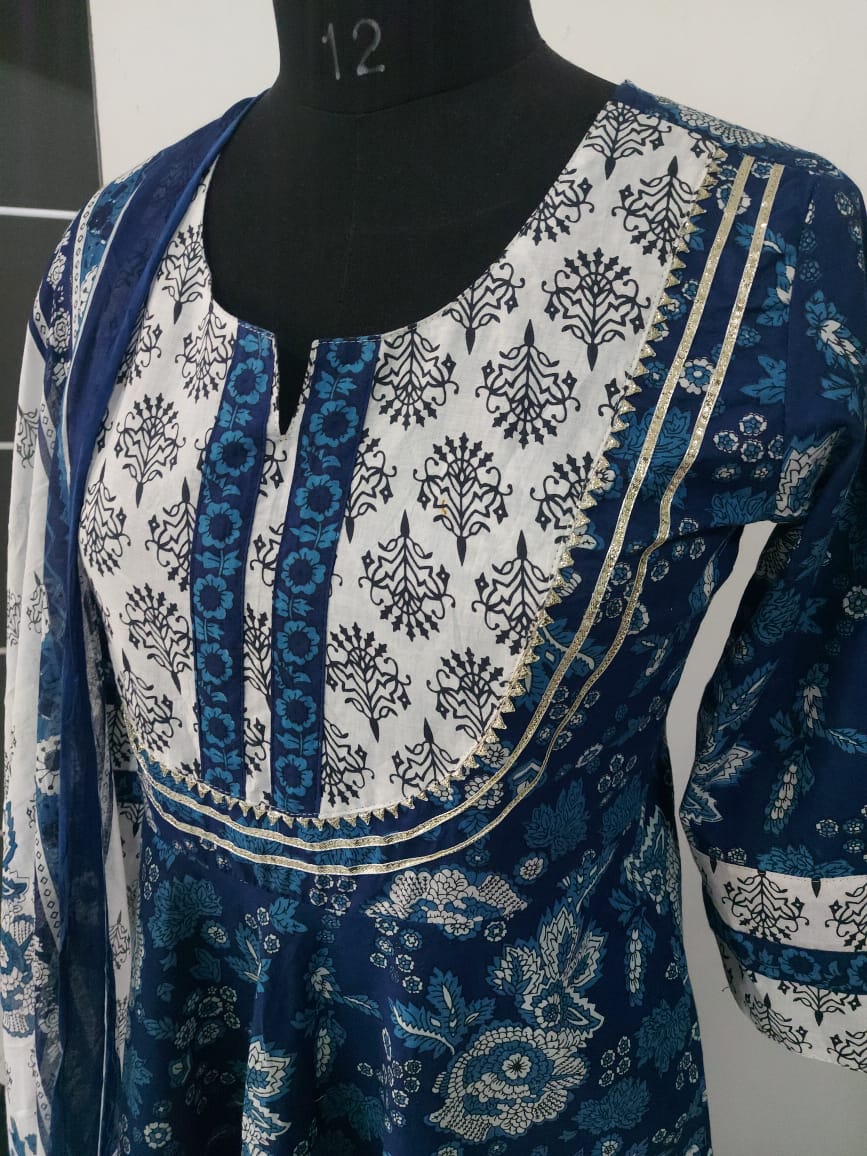 BLUE PRINTED UMBRELLA CUT KURTI SET