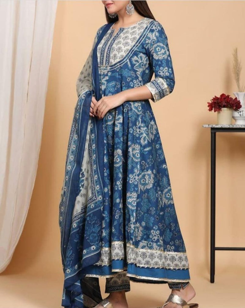 BLUE PRINTED UMBRELLA CUT KURTI SET