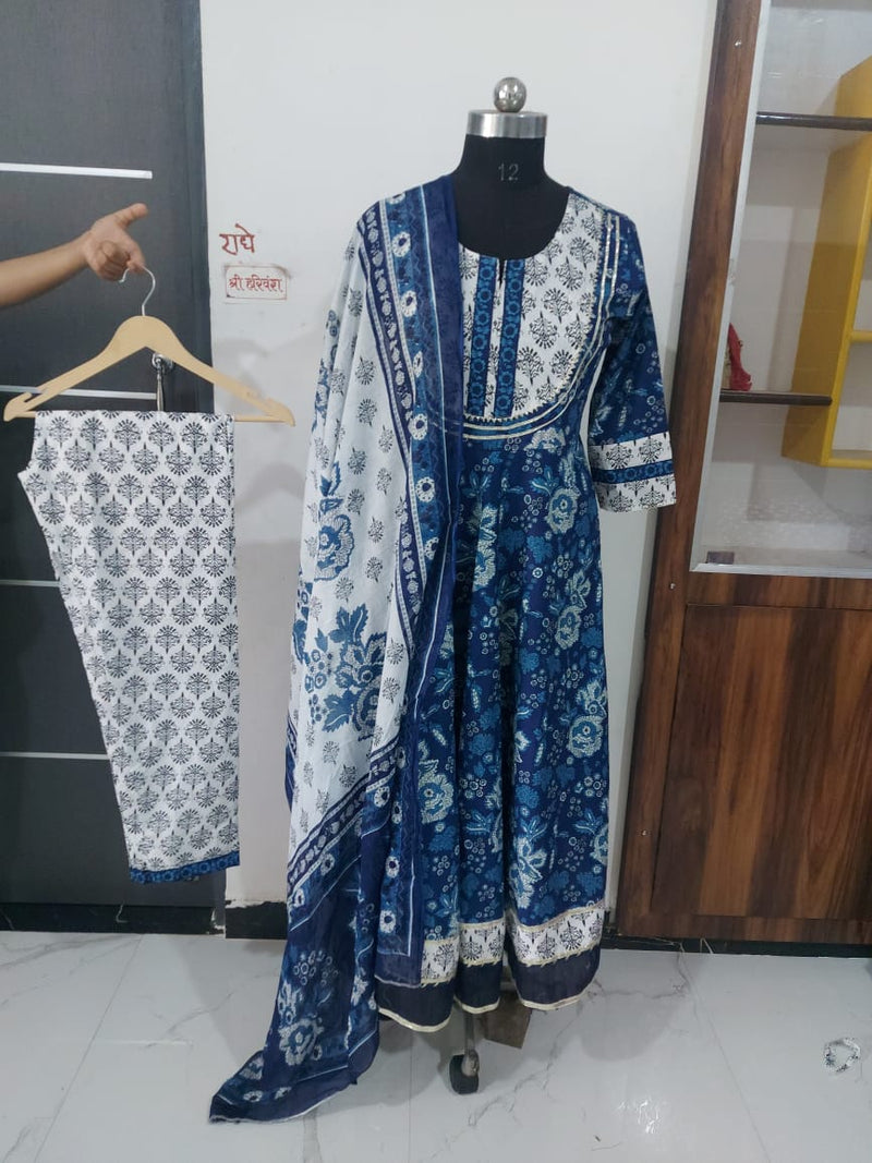 BLUE PRINTED UMBRELLA CUT KURTI SET