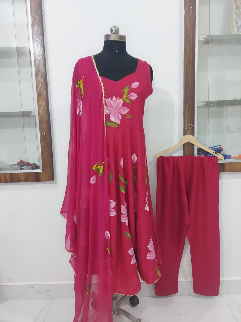 RED BRUSH PRINT KURTI SET