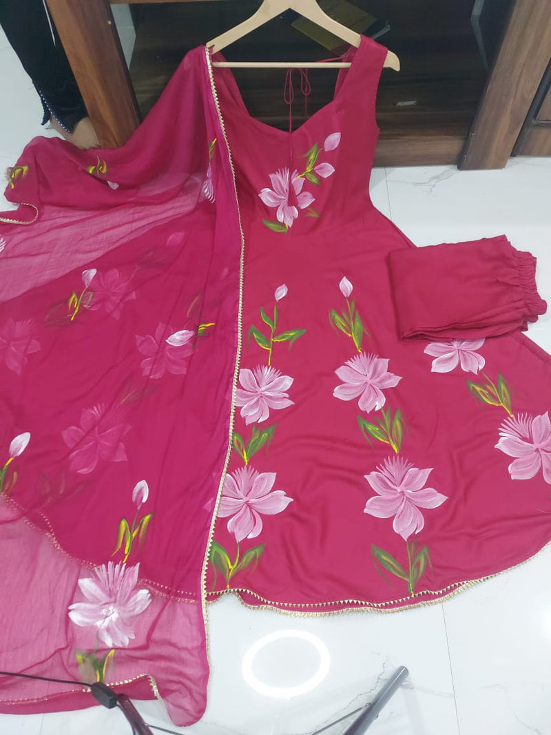 RED BRUSH PRINT KURTI SET