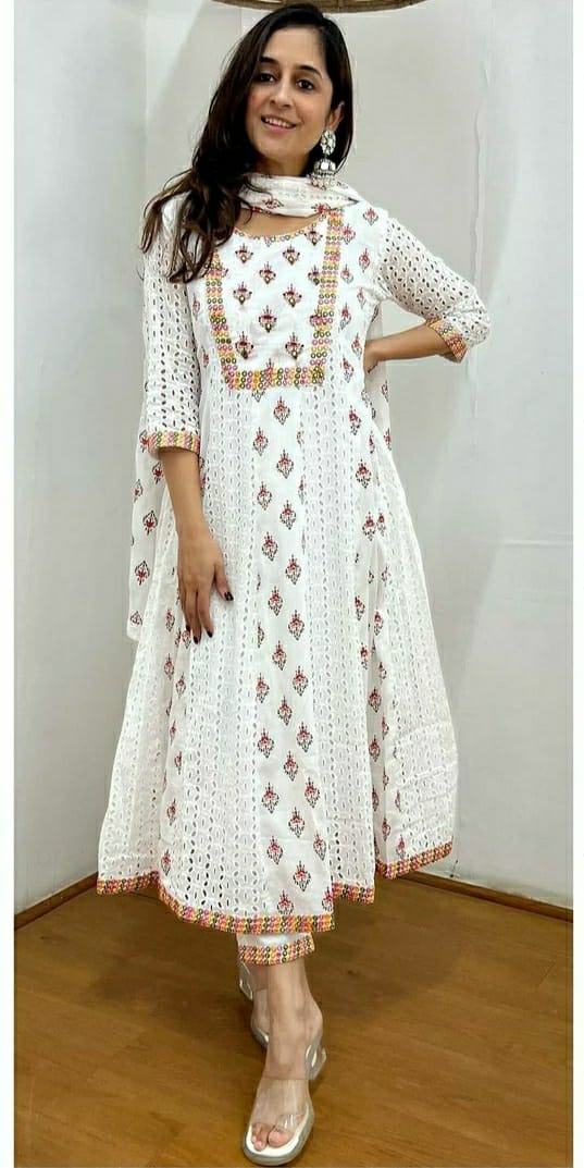 WHITE ANARKALI CHIKAN WORK SUIT SET