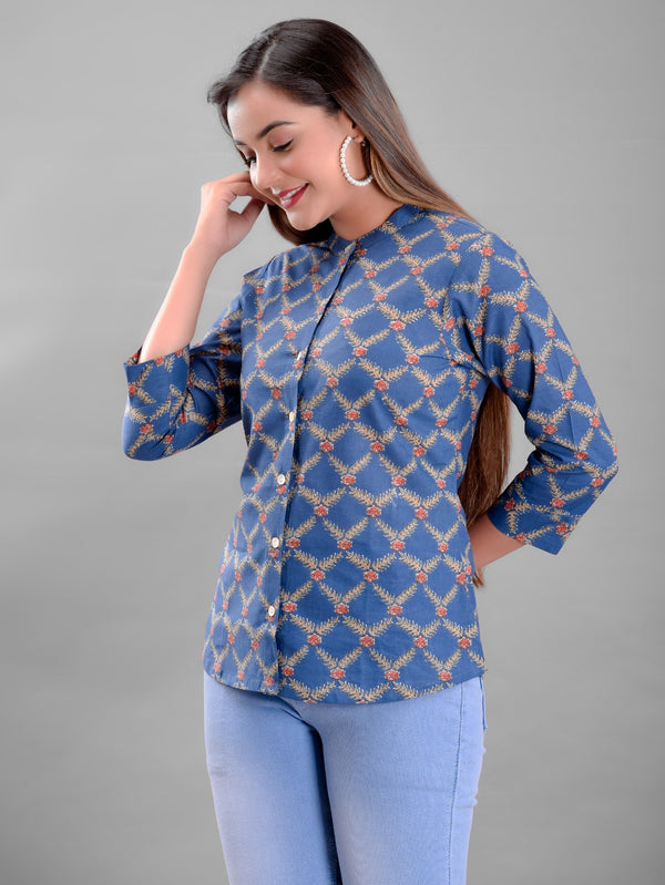 Blue Color Floral Check Printed Shirt