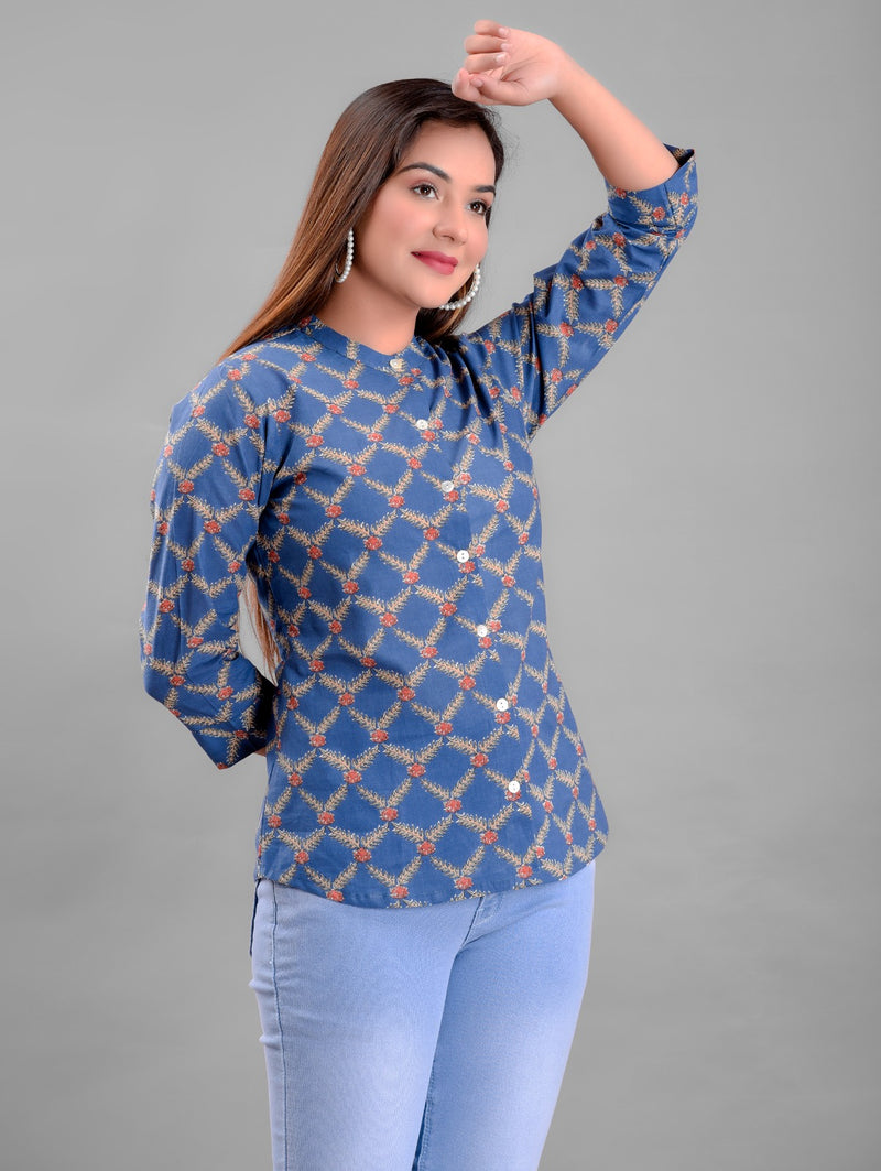 Blue Color Floral Check Printed Shirt