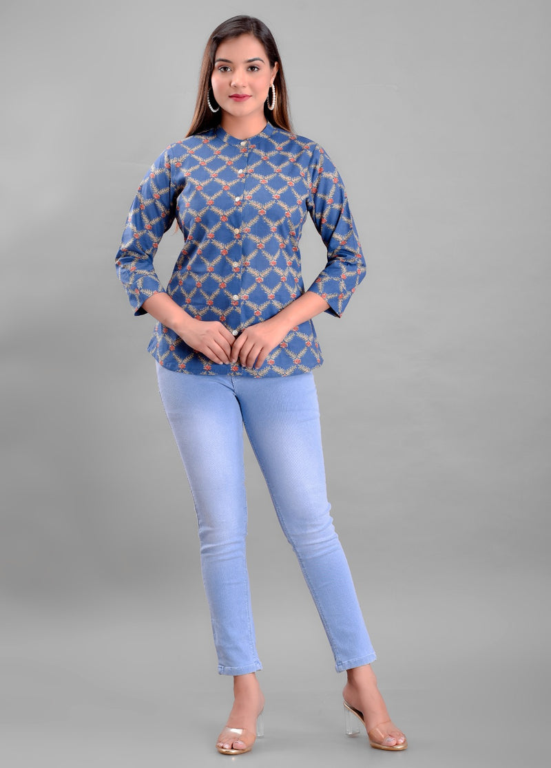 Blue Color Floral Check Printed Shirt