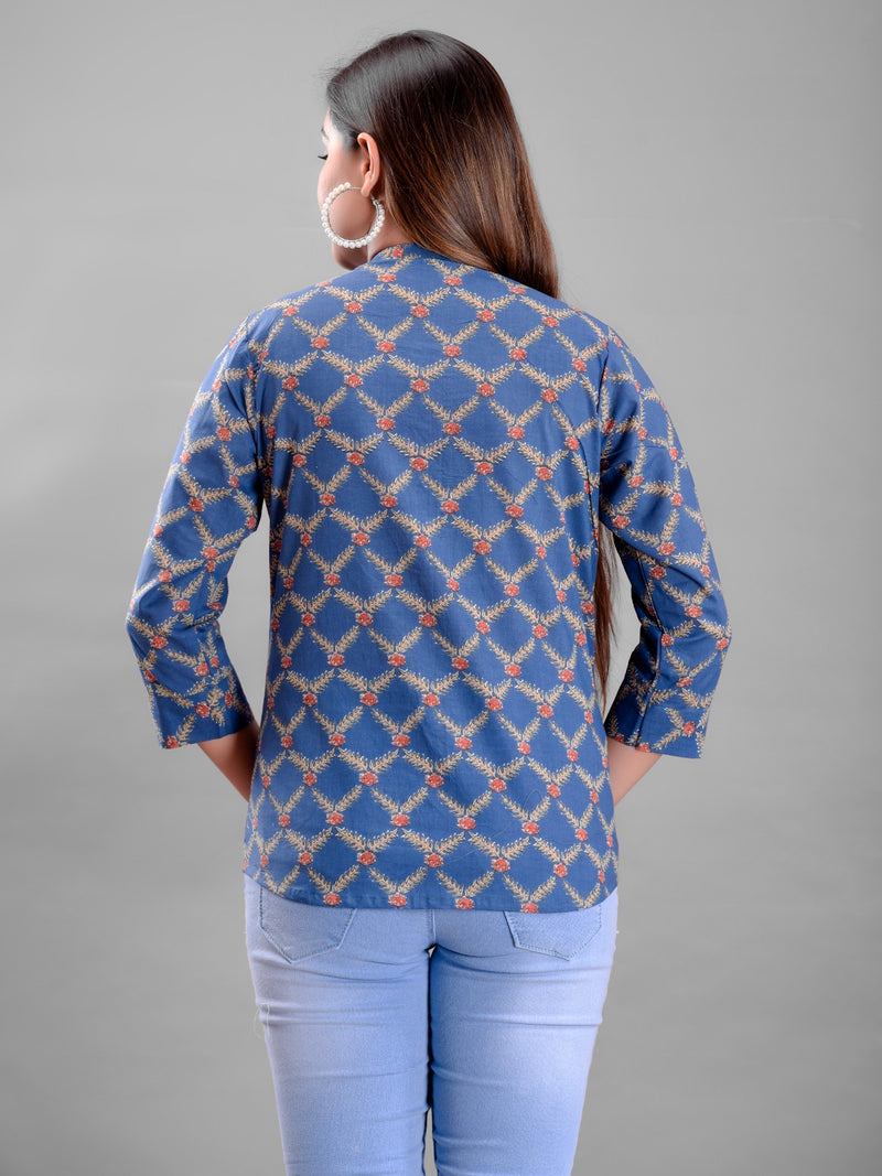 Blue Color Floral Check Printed Shirt