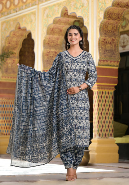 PRINTED BLUE COTTON SUIT WITH DUPATTA