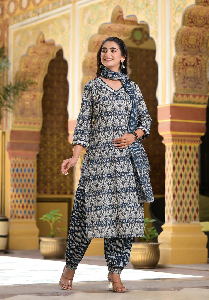 PRINTED BLUE COTTON SUIT WITH DUPATTA