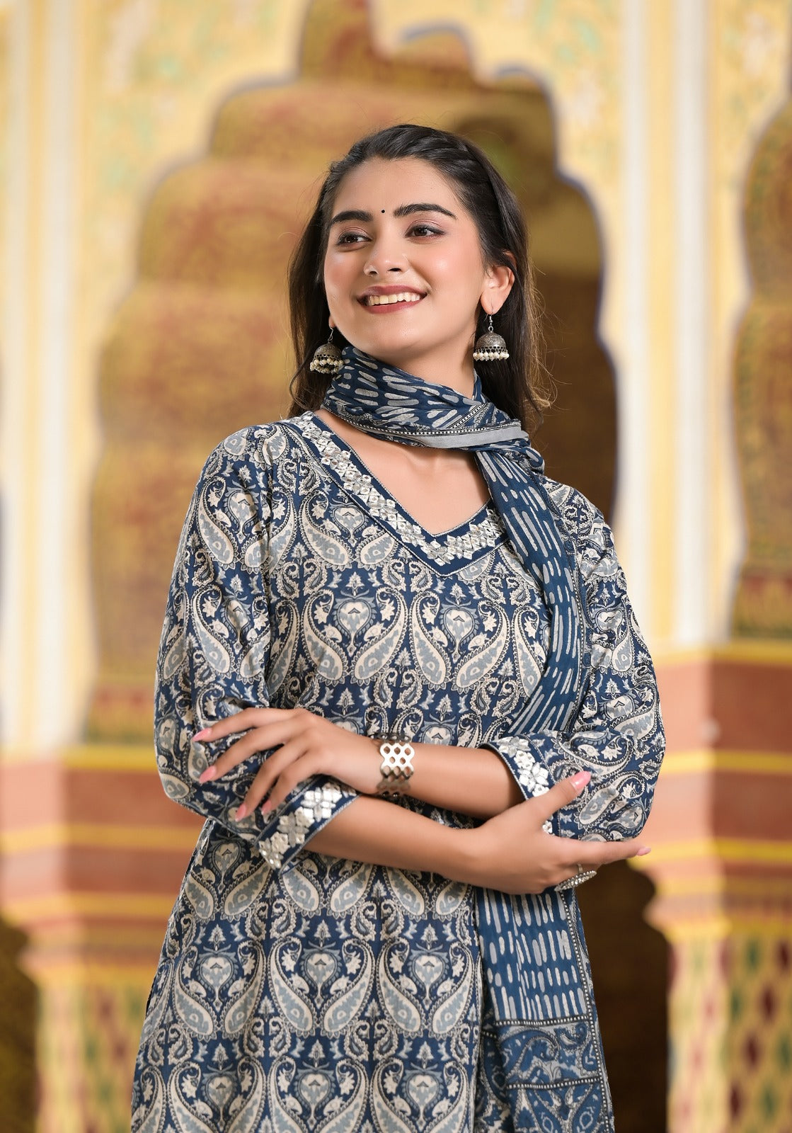 PRINTED BLUE COTTON SUIT WITH DUPATTA