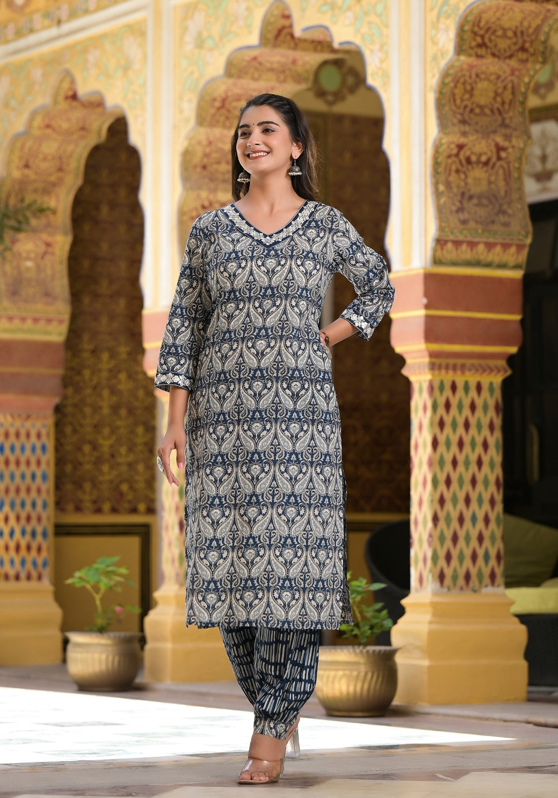 PRINTED BLUE COTTON SUIT WITH DUPATTA