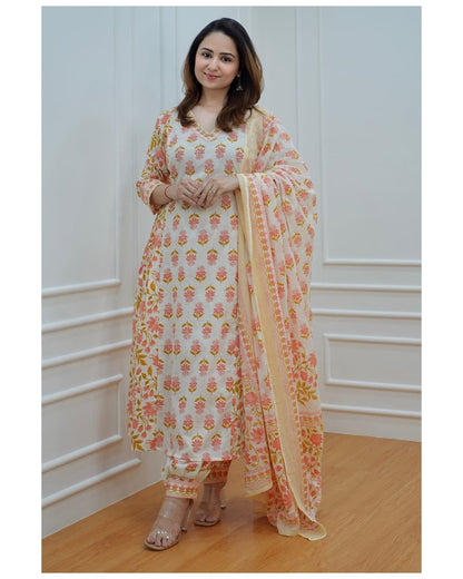 White & Orange Floral Afgani SUIT SET