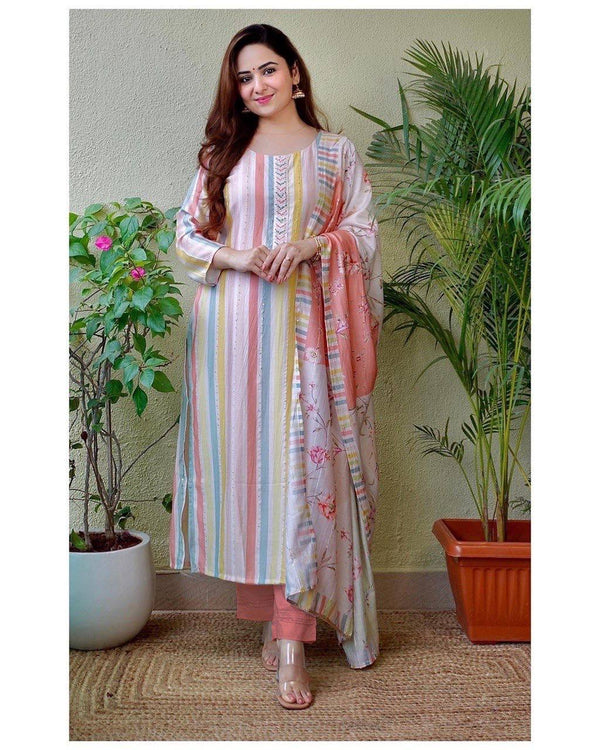 Beautiful Multicolor Muslin Silk Suit With Dupatta