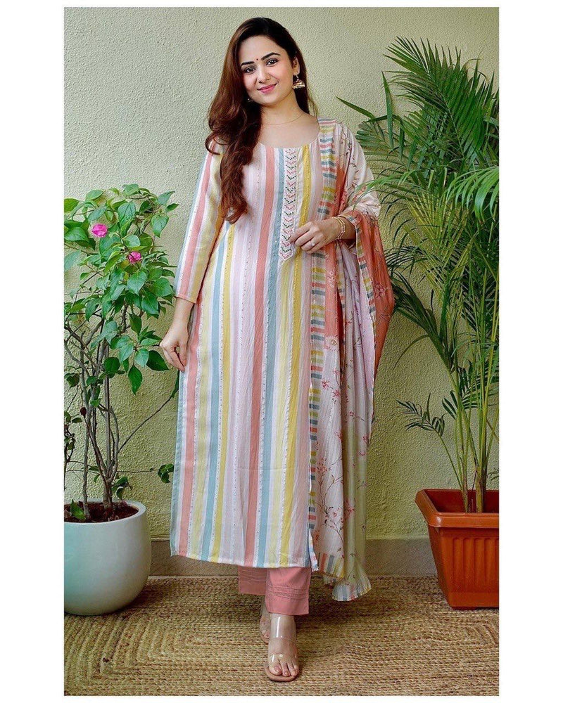 Beautiful Multicolor Muslin Silk Suit With Dupatta