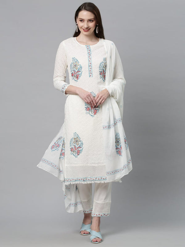 White Embroidery Floral Suit With Dupatta