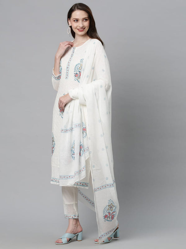 White Embroidery Floral Suit With Dupatta