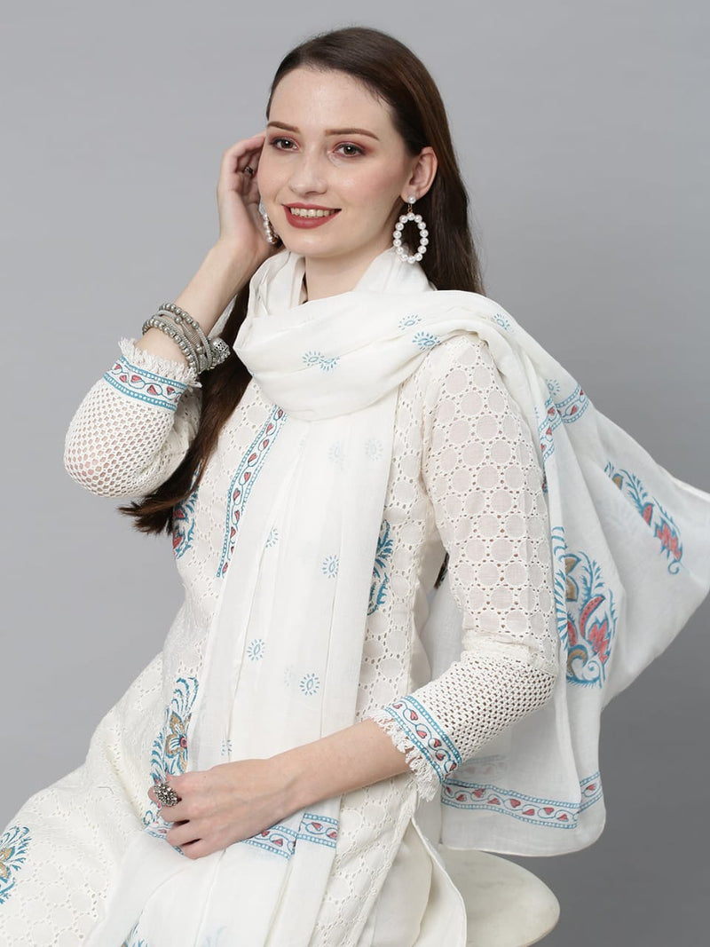 White Embroidery Floral Suit With Dupatta