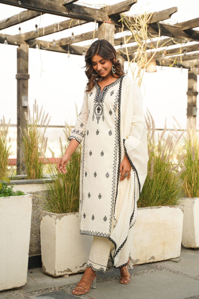 White Embroidery Suit With Dupatta