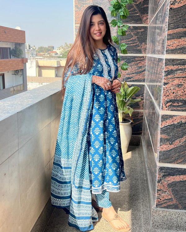 Blue Floral Handblock Suit With Dupatta